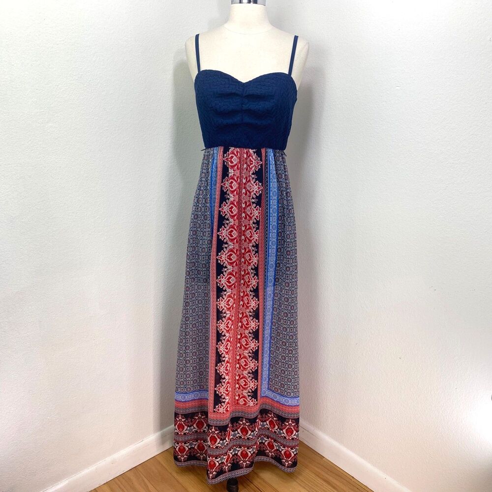 Speechless Blue Red Maxi Dress Med Crochet Bodice Chiffon Skirt Sleeveless Boho